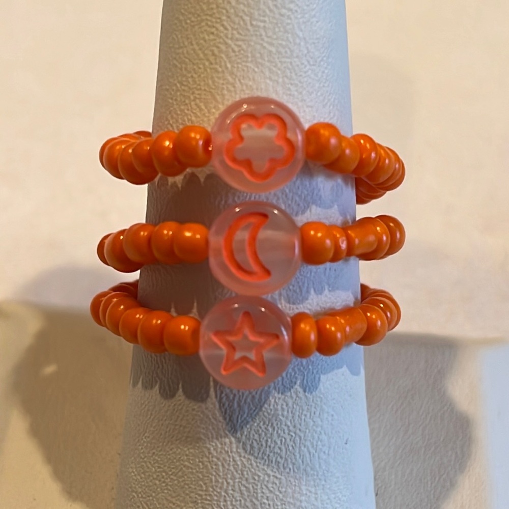 Handmade Orange Beaded Ring Set, Stretchy
